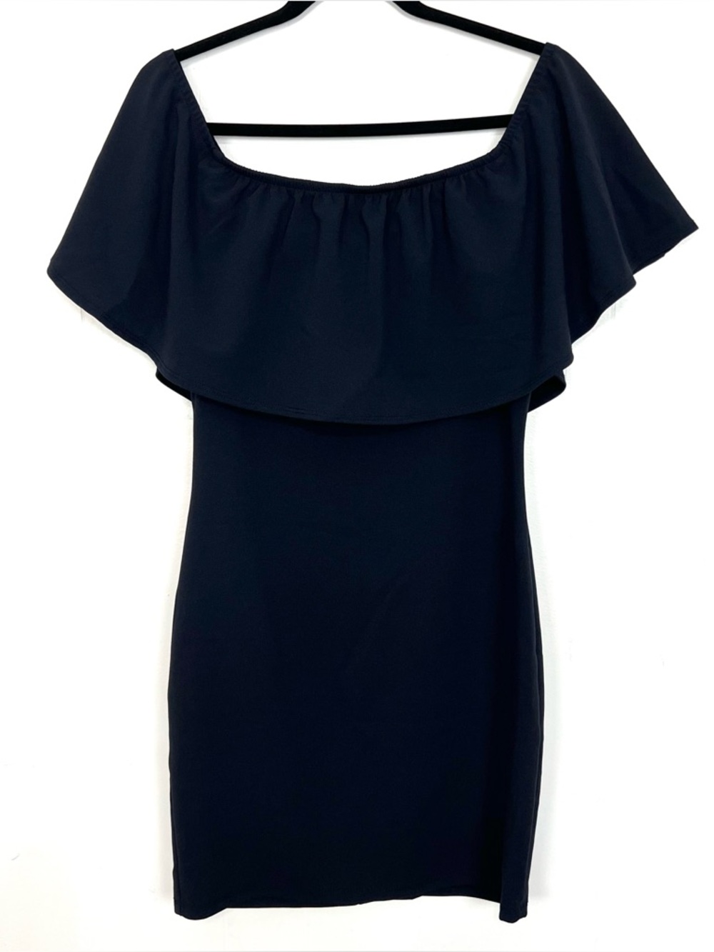 Brat Star Dark Navy Ruffle Neck Off Shoulder Fitted Bodycon Dress Large